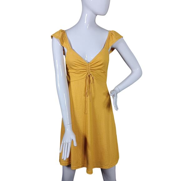Alya Sundress Size XS Yellow Fully Lined Flared Sleeves Tie Shirred Chest - Picture 1 of 13